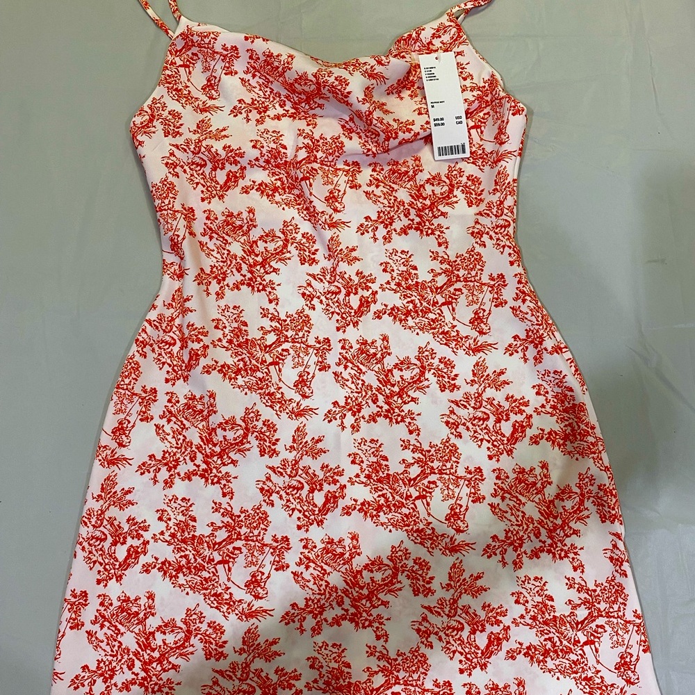 NEW - White and orange print drape front mini dress - Never worn, tag attached.